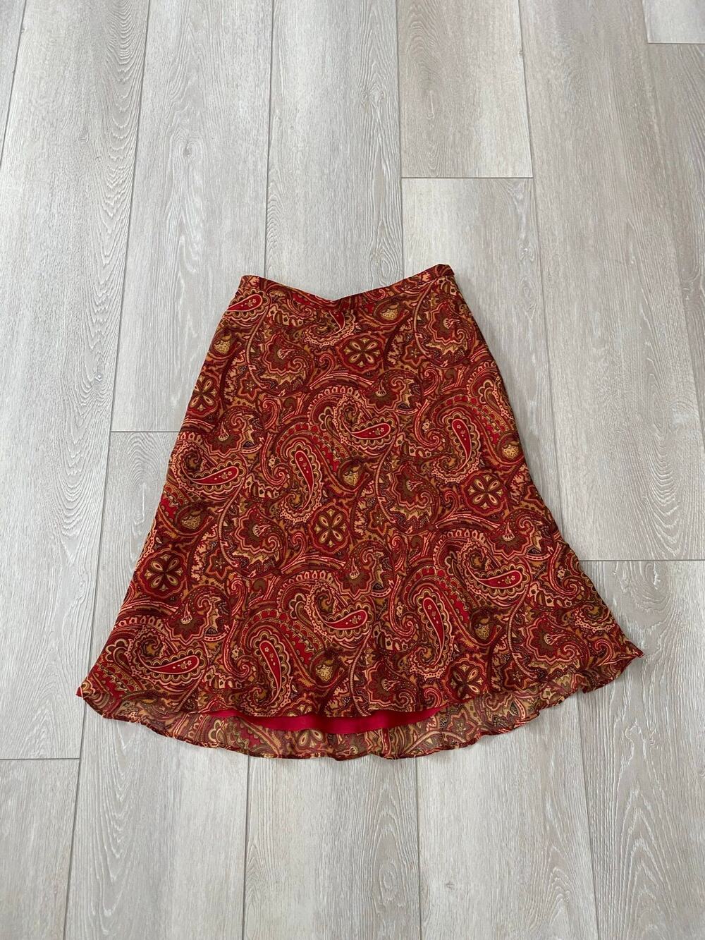 Coldwater Creek 100% Silk Paisley Midi Skirt Brown Small
